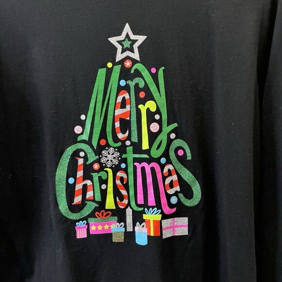 Holiday Time Merry Christmas Tree Graphic Tee Shirt Black Long Sleeves Size L - Picture 2 of 5
